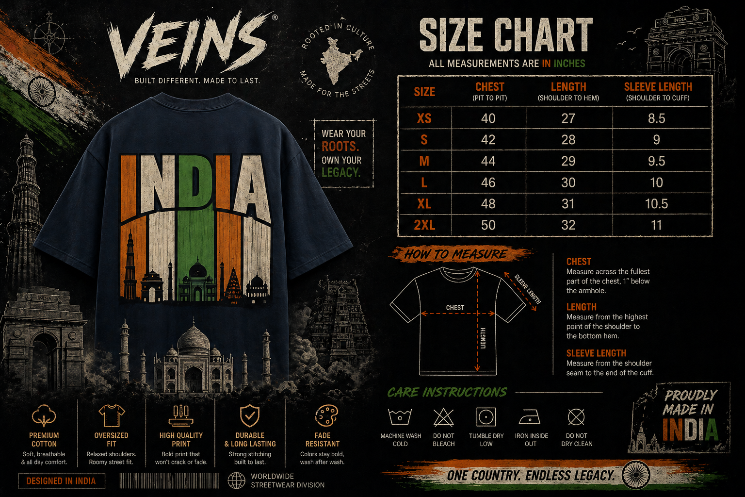 VEINS INDIA Heritage Oversized Graphic Tee – Tricolor Monument Edition